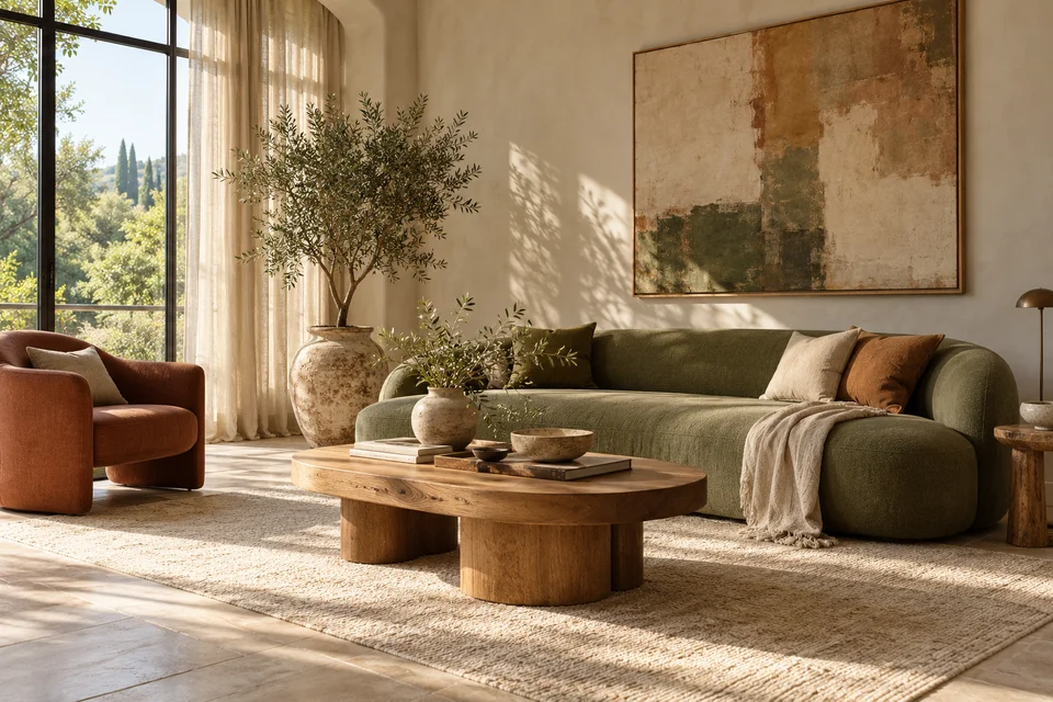 Rauminspiration: natürliches Licht, ein moosgrünes Sofa, warmes Holz und sanfte Erdtöne.